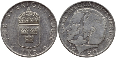 Швеция 1 крона 1990 Карл XVI Густав (1973- ) KM 852a медно-никель 4398-1223