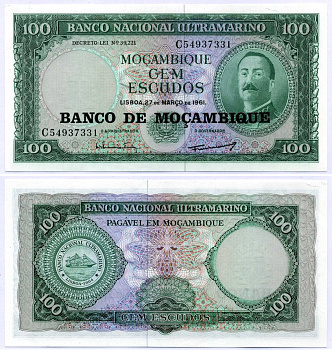 Мозамбик 100 эскудо 1961 (1976) надпечатка на 1961, Айрес де Орнелас  Pick 117 a бумага UNC (пресс) 6266-32-3-1