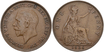 Великобритания 1 пенни 1936 Георг V (1910-1936) KM 838, Spink 4055 бронза 4144-516