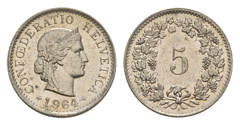 Швейцария 5 раппенов 1964 B KM 26 медно-никель UNC 4611-832