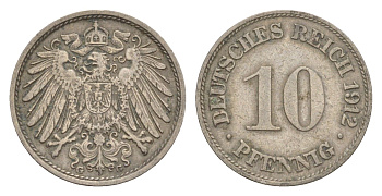 Германия 10 пфеннигов 1912 G, Вильгельм II (1888-1918) KM 12, J. 13 медно-никель 4640-326