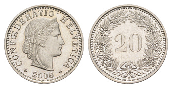 Швейцария 20 раппенов 2008 KM 29a медно-никель 4647-1017