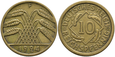 Германия 10 рейхспфеннигов 1924 F KM 40 алюминиевая бронза 4171-325