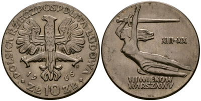 Польша 10 злотых 1965 700 лет Варшаве, богиня победы Ника с мечем KM 54 медно-никель 4168-736