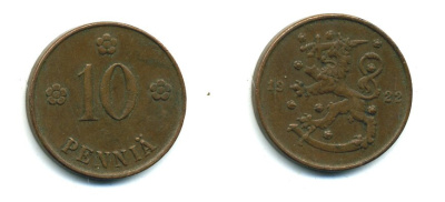 Финляндия 10 пенни 1922 республика (1918-1962) KM 24 медь 46-629