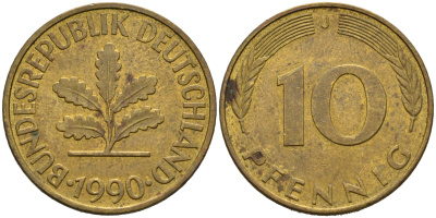 ФРГ 10 пфеннигов 1990 J KM 108, J.383 сталь плакированная латунью 4681-1156