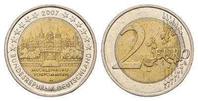 Германия 2 евро 2007 D, J, серия федеральные земли, Мекленбург-Передняя Померания, Шверинский замок KM 260 биметалл 4693-946