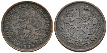 Нидерланды 1/2 цента 1928 Вильгельмина (1890-1948) KM 138 бронза 4576-451