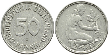 ФРГ 50 ПФЕННИГОВ 1950 J KM 109.1, J. 384 медно-никель 4392-1051