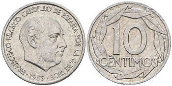 Испания 10 сентимо 1959 Франсиско Франко (1939-1975) KM 790 алюминий 4154-514