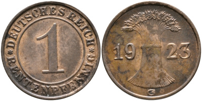 Германия 1 рентенпфенниг 1923 G KM 30, J. 306 бронза UNC 413-2334