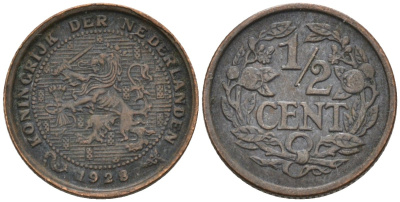 Нидерланды 1/2 цента 1928 Вильгельмина (1890-1948) KM 138 бронза 4576-451