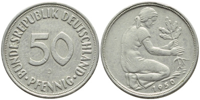 ФРГ 50 ПФЕННИГОВ 1950 J KM 109.1, J. 384 медно-никель 4392-1051