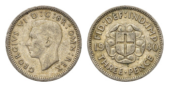 Великобритания 3 пенса 1940 Георг VI (1936-1952) KM 848, Spink 4085 серебро 100-743