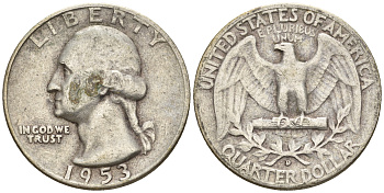 США 25 центов = квотер 1953 D, Вашингтон KM 164 серебро 85-1143