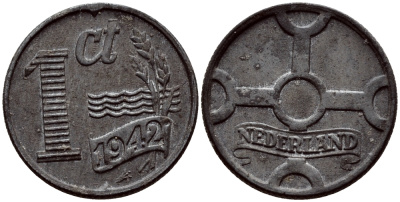 НИДЕРЛАНДЫ 1 ЦЕНТ 1942 ВИЛЬГЕЛЬМИНА (1890-1948) KM 170 цинк 46-523