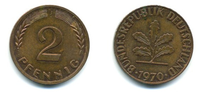 ФРГ 2 пфеннига 1970 J KM 106a, J.381a сталь плакированная медью 3999-1137