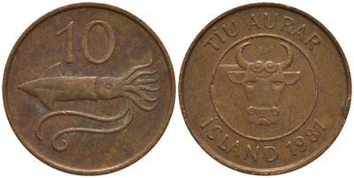 Исландия 10 эйре 1981 кальмар KM 25 бронза 211-922