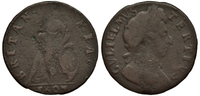 Англия 1 фартинг 1697 Вильгельм III (1694-1702) Spink 3557 медь 1524-241