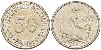 ФРГ 50 ПФЕННИГОВ 1950 J KM 109.1, J. 384 медно-никель 3996-1217