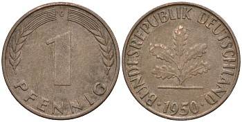 ФРГ 1 пфенниг 1950 G KM 105, J.380 сталь плакированная медью 4174-613