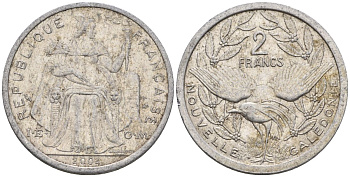 Французская Новая Каледония 2 франка 2004 птица кагу, (IEOM) KM 14, Schoen 11, Lec 68i алюминий    28-1126