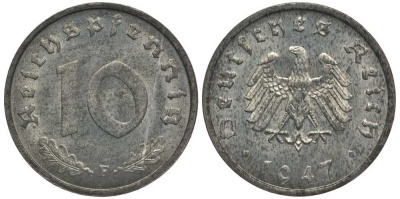 Германия 10 рейхспфеннигов 1947 F, оккупация Германии союзными войсками J. 375, KM A104 цинк UNC 4127-1234