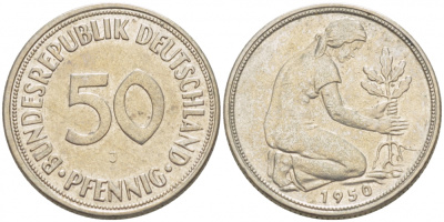 ФРГ 50 ПФЕННИГОВ 1950 J KM 109.1, J. 384 медно-никель 3996-1217