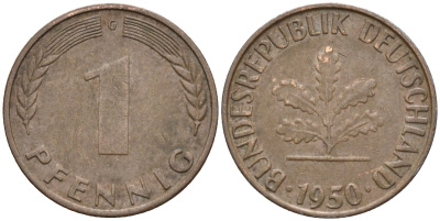 ФРГ 1 пфенниг 1950 G KM 105, J.380 сталь плакированная медью 4174-613
