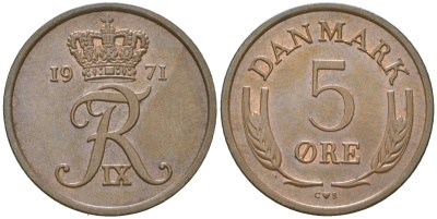 Дания 5 эре 1971 C; S, Фредерик IX (1947-1972) KM 848 бронза UNC 213-754