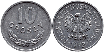 ПОЛЬША 10 ГРОШЕЙ 1972 MW KM AA47 алюминий 26-746