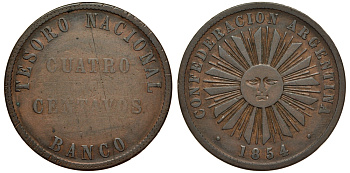 Аргентина 4 сентаво 1854 Аргентинская конфедерация KM 255 медь 272-815