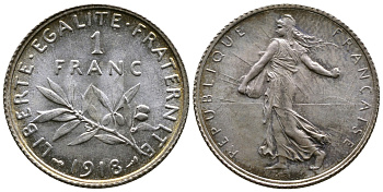 Франция 1 франк 1918 сеятель KM 844.1, Le Franc 217.24 серебро UNC 259-713