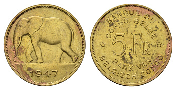 Бельгийское Конго 5 франков 1947 слон, Леопольд III, год тип KM 29 латунь 4127-1744