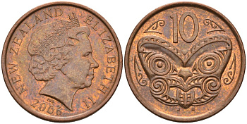Новая Зеландия 10 центов 2006 Елизавета II (1952-2022), маска маори KM 117а сталь плакированная медью 117-214