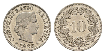Швейцария 10 раппенов 1936 B KM 27b никель 4609-423