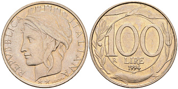 Италия 100 лир 1994 R, дельфины KM 159 медно-никель 27-141