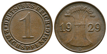 ГЕРМАНИЯ 1 РЕЙХСПФЕННИГ 1929 D KM 37, J. 313 бронза 4380-1163