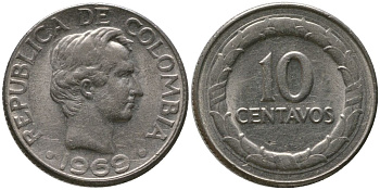 Колумбия 10 сентаво 1969 KM 226 сталь плакированная никелем 4576-1069