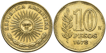 Аргентина 10 песо 1978 Ba, майское солнце KM 72, CJ 321, Schon 72 алюминиевая бронза    60-517