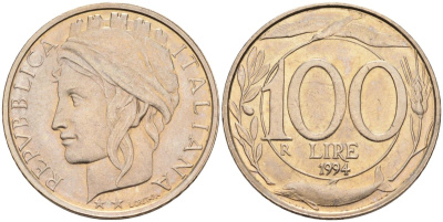 Италия 100 лир 1994 R, дельфины KM 159 медно-никель 27-141