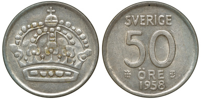 Швеция 50 эре 1958 T;S, Густав VI Адольф (1950-1973) KM 825 серебро 4179-1022