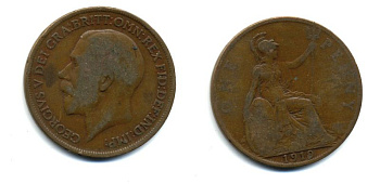 Великобритания 1 пенни 1919 Георг V (1910-1936) КМ 810, Spink 4051 бронза 47-235