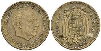 Испания 1 песета 1963 (63) Франсиско Франко (1939-1975) KM 775 алюминиевая бронза 85-646