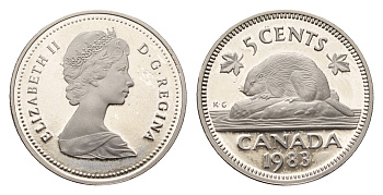 Канада 5 центов 1983 Елизавета II (1952-2022), бобр KM 60.2a никель PROOF 413-3241