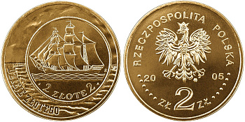 Польша 2 злотых 2005 MW, история польского злотого, парусник KM 521, Parchimowicz 951 нордик  UNC  4565-144