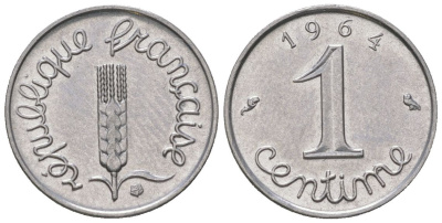 Франция 1 сантим 1964 KM 928, Le Franc 106/8 нержавеющая сталь UNC 4164-1015