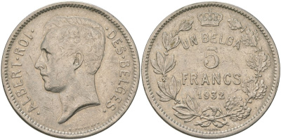 Бельгия 5 франков 1932 Belges, Альберт I (1909-1934) KM 97 никель 4157-1131