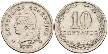 Аргентина 10 сентаво 1938 голова Свободы влево KM 35 медно-никель 4594-345
