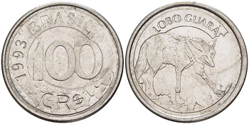 БРАЗИЛИЯ 100 КРУЗЕЙРО РЕАЛ 1993 РЕФОРМА 1993-1994, ВОЛК KM 630 нержавеющая сталь 4388-351
